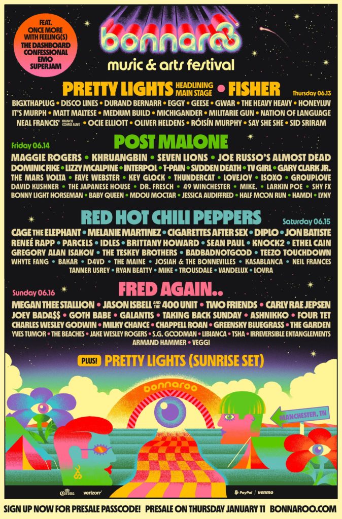 Bonnaroo 2024, post Malone, Red Hot Chili Peppers, Fred again, fisher, pretty lights, music festival, audiofuzz